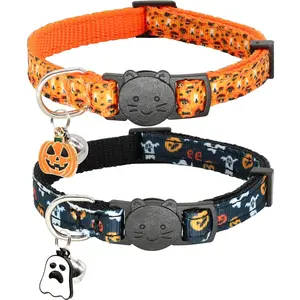 Halloween Cat Collar,2 Pack Breakaway Cat Collar with Bells,Pumpkin and Ghost Charm, Halloween Orange+Black