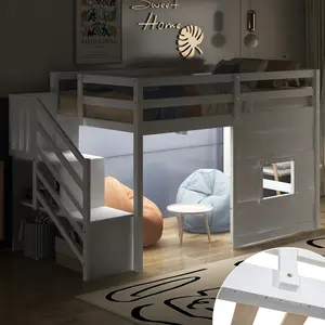 【Bellemave】Twin Size Loft Bed with Storage Staircase and Window, With LED Light, White