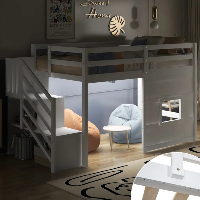 【Bellemave】Twin Size Loft Bed with Storage Staircase and Window, With LED Light, White 【Bellemave】Twin Size Loft Bed with Storage Staircase and Window, With LED Light, White