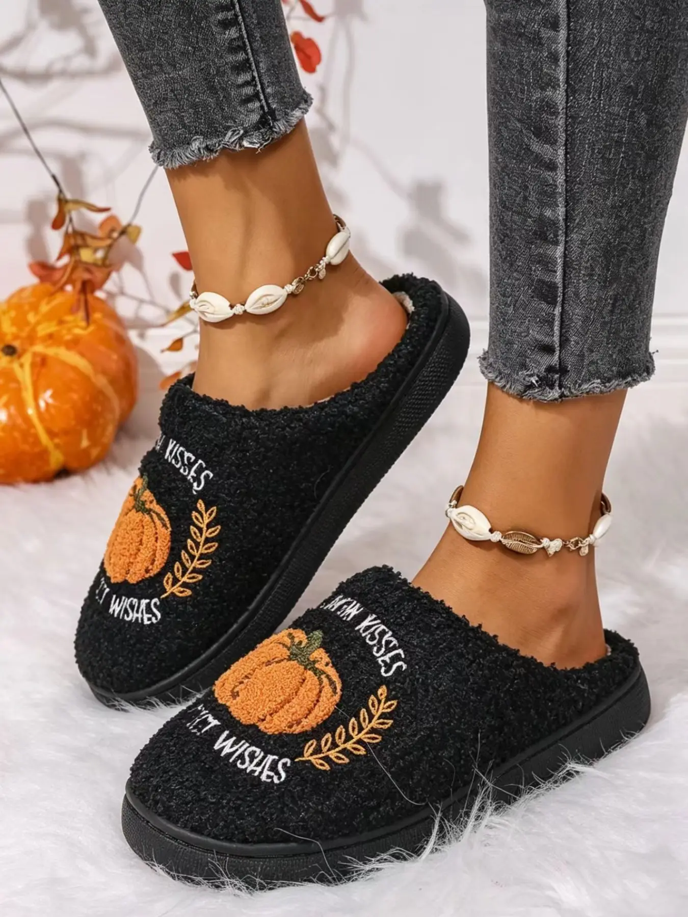 Halloween Pumpkin Cartoon Women's Cotton Non Slip Slippers, Warm Lined Anti-Slip Fall Winter Warm House Home Shoes, Casual Textile Embroidery Design, Indoor Footwear