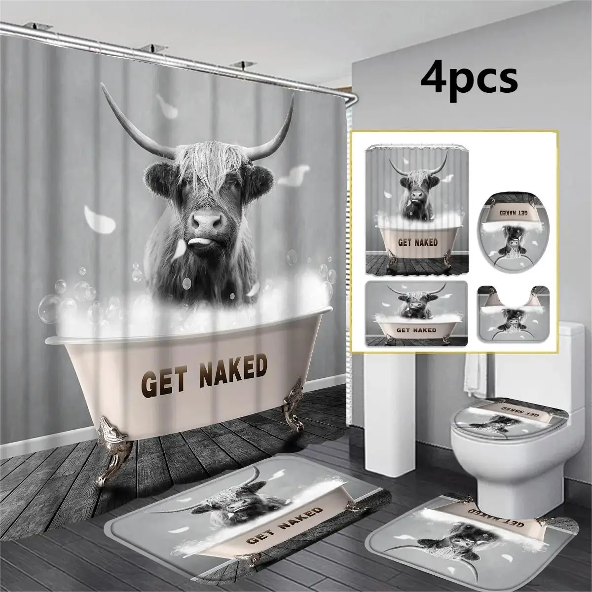 Bathtub Bull Pattern Shower Curtain/ Shower Curtain & Bathmat & Toilet Rug & Toilet Lid Cover Set, Summer Essentials, Bathroom Decoration for Home Use