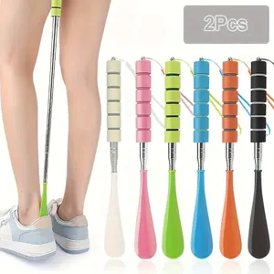 2Pcs Shoehorn Long Handle, Retractable Shoe Horn with Metal Telescopic Pole and Hanging Rope, Shoe Puller for Most Style Shoe, Ideal for Seniors, Shoe Auxiliary Tool Accessory, Ergonomic and Portable Design, Easy to Carry and Wear