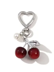 Elegant Gradient Cherry Bag Charm Heart Keychain with Faux Pearls, Alloy Material, Perfect Gift for Friends and Family, Stylish Bag Accessory