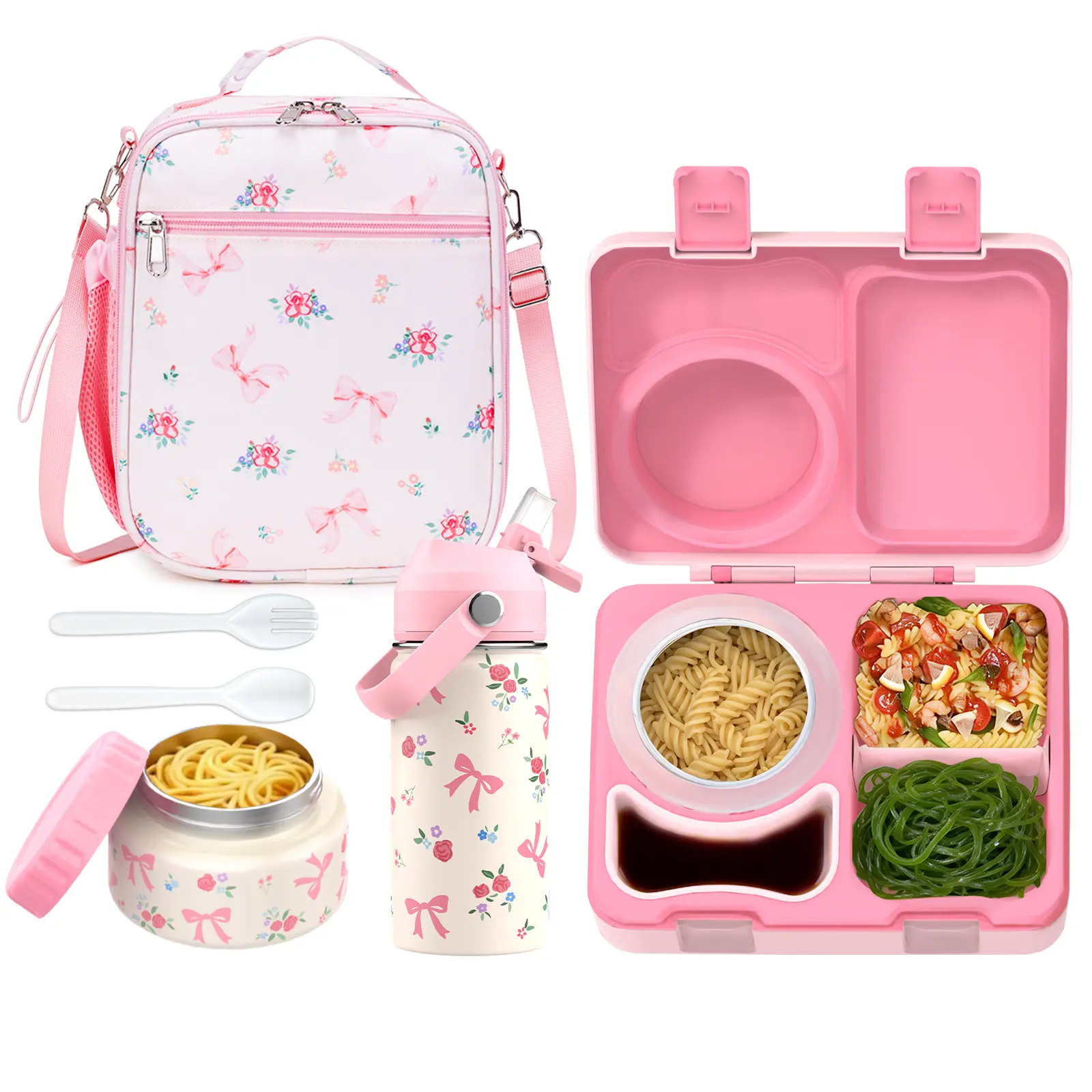 SIMILOVE BPA-Free 304 Stainless Steel Rectangular Kids Lunch Box Set - 8oz Thermo-Insulated Food Jar, Leakproof Bento Tray, Dividers, Ice Pack, Sauce Cup, Utensils, Lunch Bag, Adjustable Backpack for School (Party Gift)