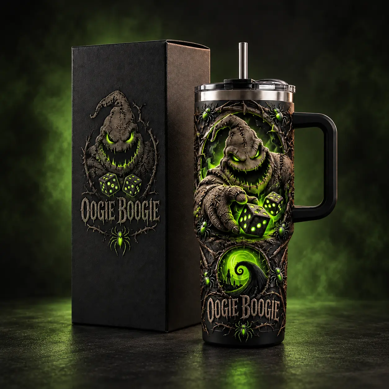 [2D Graphic Printed] Oogie Gambling Bogeyman Tumbler, Halloween 40oz Cup with Handle, Movie Fan Gift, Nightmare Before Xmas Inspired Insulated Tumbler, Halloween Gift