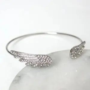 Adjustable Angel Wings Open Cuff Bracelet for Women Girls, Dainty Silver Crystal Feather Bracelet, Trendy 2026 Fashion Jewelry Gift for Her, Wholesale Bulk