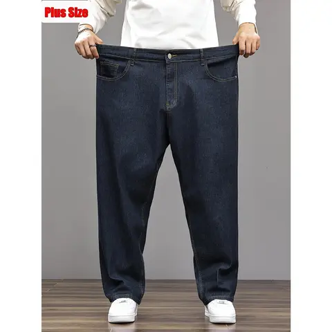 Men's 5XL Jumbo Size Stretch Faux Denim Streetwear Jeans - Full Length Loose Straight Leg Trouser, 5-Pocket Menswear, Machine Washable, Plain Casual, Durable All-Seasons Staple, Bend-Friendly, Big & Tall Fit