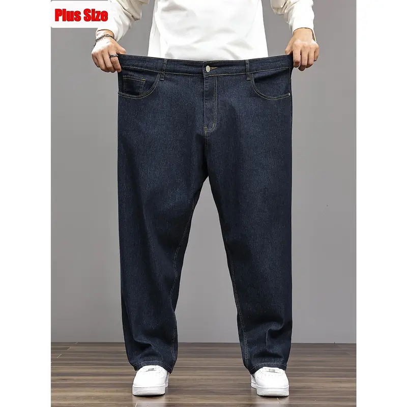 Men's 5XL Jumbo Size Stretch Faux Denim Streetwear Jeans - Full Length Loose Straight Leg Trouser, 5-Pocket Menswear, Machine Washable, Plain Casual, Durable All-Seasons Staple, Bend-Friendly, Big & Tall Fit