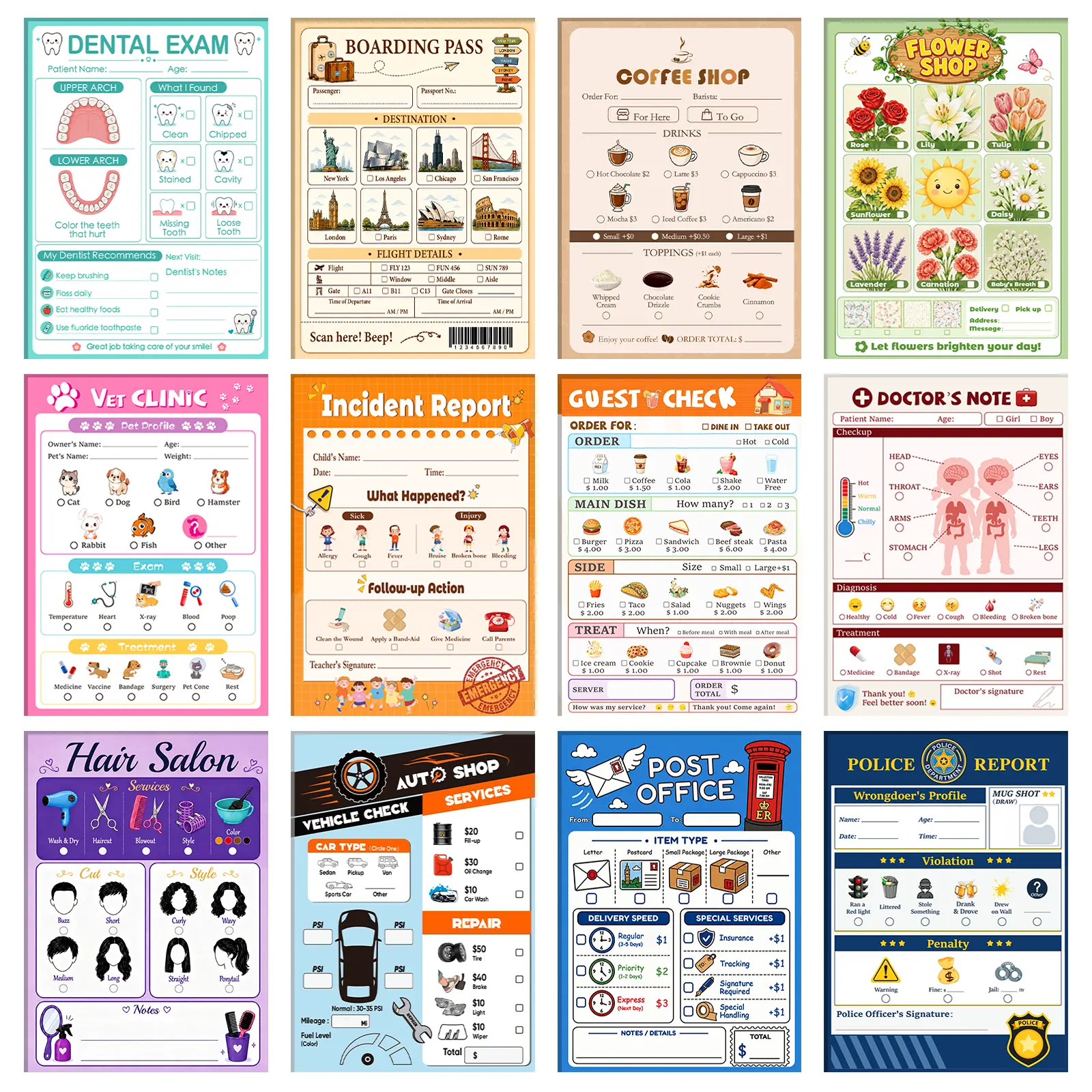 HAPPY APLENTY 12-Pack Non-Customized Kids Play Pads, 4x6 in Pretend Play Notepads for Children 3-8, 120 Total Pages - Enhance Creativity with Restaurant, Doctor, Vet & More Themes, Role Play Paper Pad Activity Papers