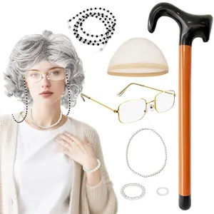 8Pcs Old Lady Wig Set,Grey Wigs for Women,Old Lady Costume with Grandma Wig for,Party,Cosplay, 100 Days of School Costume