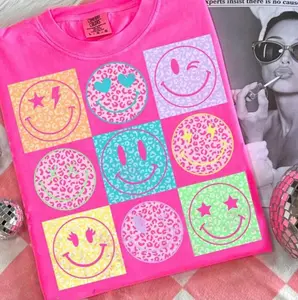 Comfort Colors Neon Summer Smiley Face Shirt, Checkerboard Leopard Beach Life Tee, Trendy Distressed Summer Vibes Graphic T-Shirt