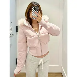 American Retro Pink Fur Collar Hooded Short Cotton Coat Fashion High Street Fur Collar Hooded Cotton Coat Winter Jacket Women