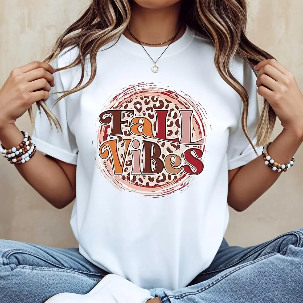 Fall Vibes Leopard Print Graphic T-Shirt, Autumn Season Fashion Top, Casual Daily Wear