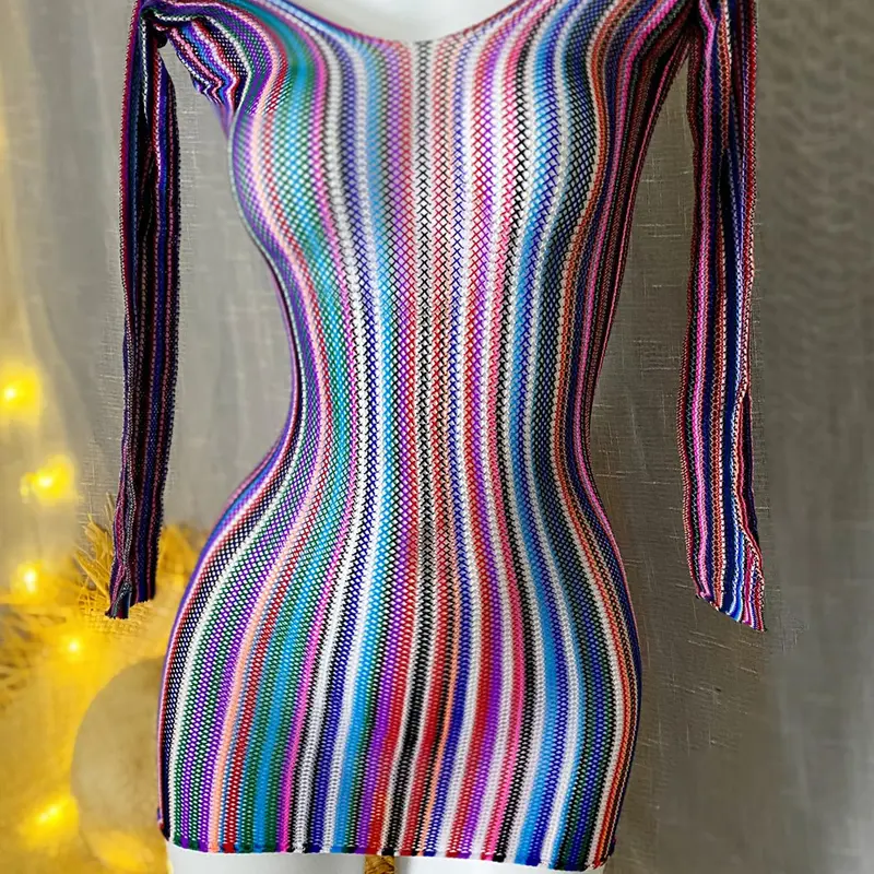 Women's Colorblock Stripe Print Fishnet Swimsuit Cover Up Dress, Casual Sleeveless Cover Up Dress, Swimsuits Cover Ups, Swim Cover Ups for Beach Holiday Vacation, Ladies Swimwear for All Seasons
