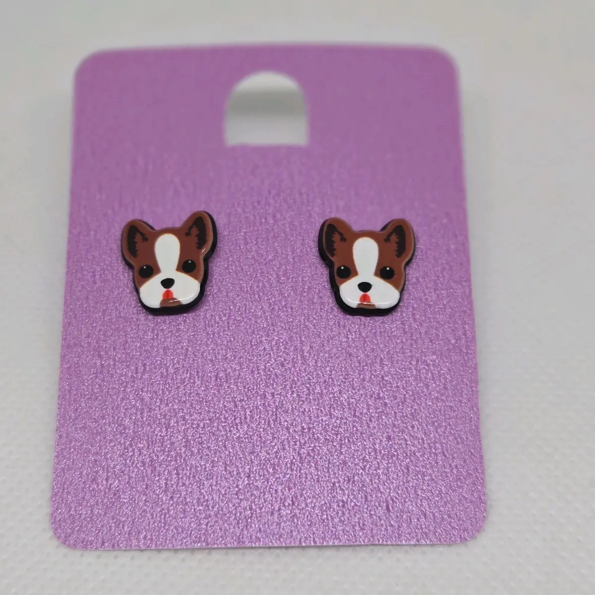 Brown & White French Bulldog Stud Earrings with Stainless Steel Post & Silicone Backs
