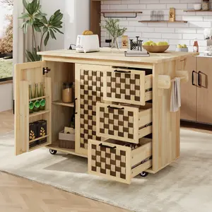K&K 53.2"W 3D Woven Checkerboard Pattern Design Kitchen Island with Drop Leaf, Rolling Kitchen Island on Wheels with Internal Storage Rack, Power Outlet, Kitchen Cart with 3 Drawers 2 Cabinets, Nature