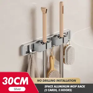 Non Perforated Mop Rack Iron Wall Mounted Mop Broom Storage Rack Home Storage and Storage Shelf Multi Scenario Use Big Red House