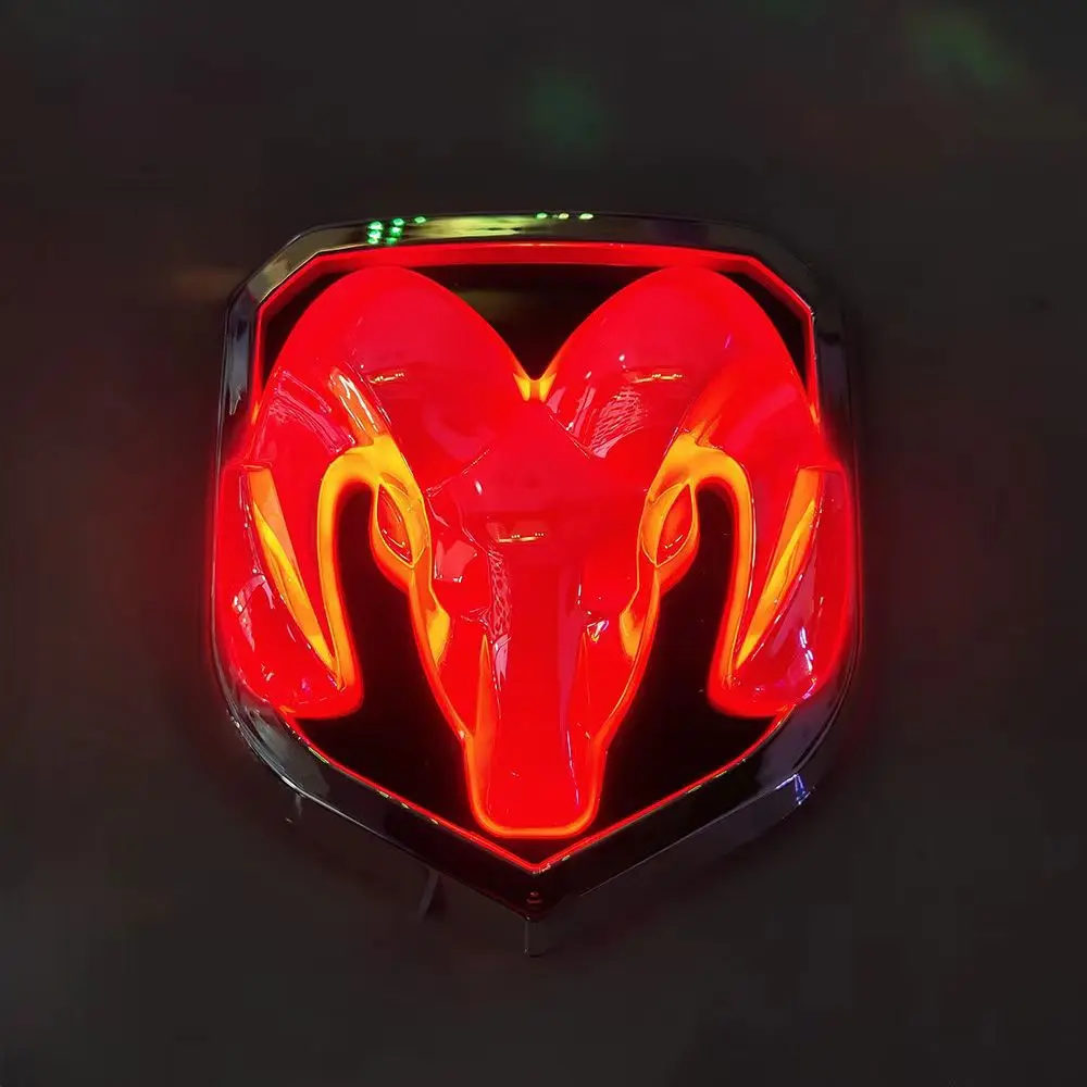 Waterproof Chrome Metal 3D LED Illuminated Ram Emblem Badge for Dodge Ram Pickups - Glowing LEDs, White/Red/Blue Colors, 2 Sizes, Nighttime Drive Truck Exterior Modification Accessory, Illumination