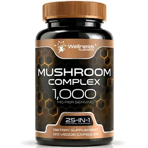 WELLNESS LABSRX Mushroom Supplement Capsules 10:1 Extract, Mushroom Complex Capsules 1000mg, Lions Mane Supplement with Turkey Tail, Cordyceps, Reishi - 120 Count Fitness Edible Dietary Natural