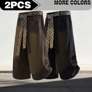 Vintage checkered tie-neck wide-legged mid-thigh pants for men, fashion brand straight-cut design, loose-fitting, cropped pants