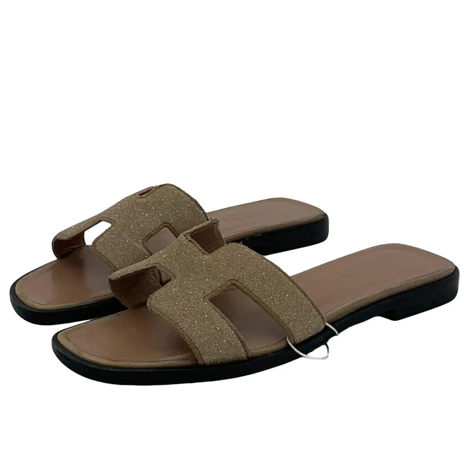 RDLT-Hermes Size 37 Oran Brown H Logo Rhinestone Glitter Flat One‑Strap Slides-H38104