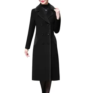 Aprsfn Women's Fur Pea Coat Warm Long Fall Winter Double-breasted Black