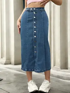 Elastic Washed Medium Wash Casual Street Fashion Button Denim Midi Skirt for Women, Womenswear, High Waist Loose-Fitting Fashion, All Seasons Wear, 2026 New Style
