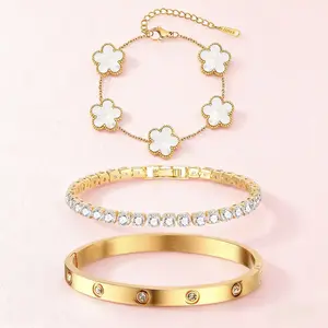 XP 18 K Gold Layered Bangle Bracelets Stack Set 3pcs ,Zircon Clovers Flower Charms ,Stainless Steel Non Tarnish Open Bangles Accessories for Women, Adjustable Italian Charm Hand Chain Cuff Buy 1 Take 1 ,Valentines Gift for Her