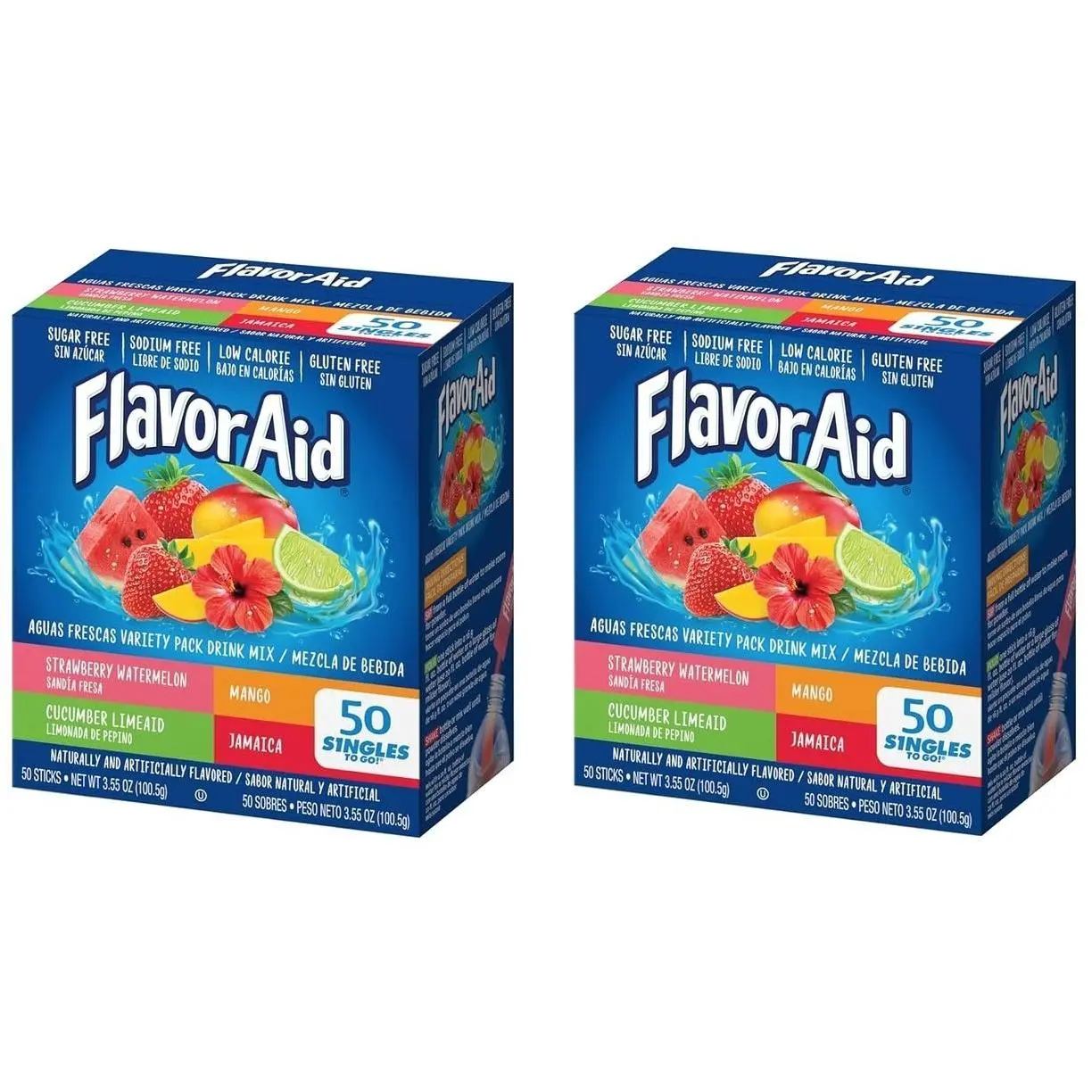 FlavorAid Aguas Frescas 50ct - Singles To Go Powdered Drink Mix - Pack of 2-4 Delicious Flavors - Strawberry Watermelon, Mango, Cucumber Limeaid, and Jamaica