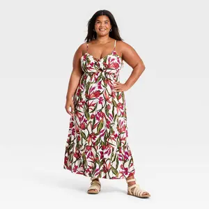 Women's Beaded Strap Printed Maxi Dress - A New Day Pink 1X