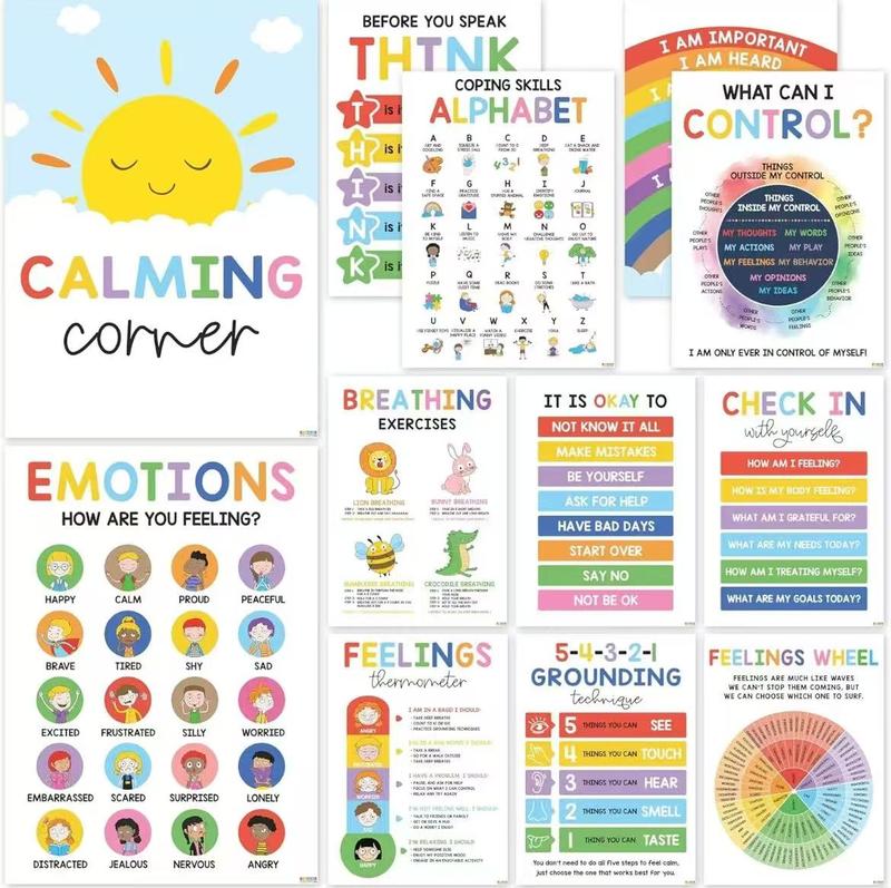 Calming Posters – ESL 12Pcs (10x14),Emotions Chart for Kids,Calm Down Corner Supplies,Classroom & Therapy Decor Visual Learning to regulate emotions and emotional intelligence Tools,Educational Emotion Learning for Classroom,Counselor Office Decor Set