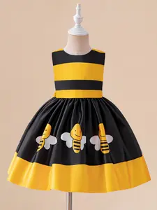 Yellow Bee Print Cartoon Cosplay Costume Fancy Carnival Bow Kids Clothes Child Princess Baby Girls Ball Gown Toddle Cocktail Striped Printed Dress for all Season Striped Pattern Dress 6 Months to 3 Years