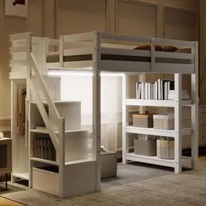 Twin Size Loft Bed with Stairs, Shelves, Storage Staircase, Small Wardrobe and White LED Light, Solid Wood Loft Bed Frame, White