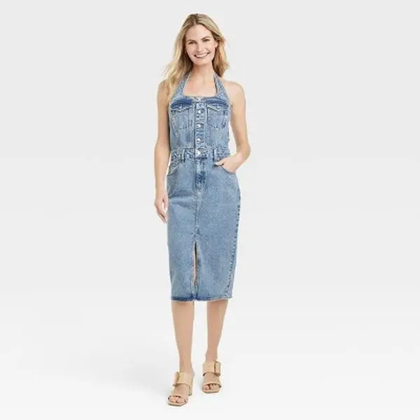 Universal Thread Women's Denim Halter Midi Dress - Stretch Cotton Button-Down Summer Dress with Front Slit & Pockets, Spandex, Strappy