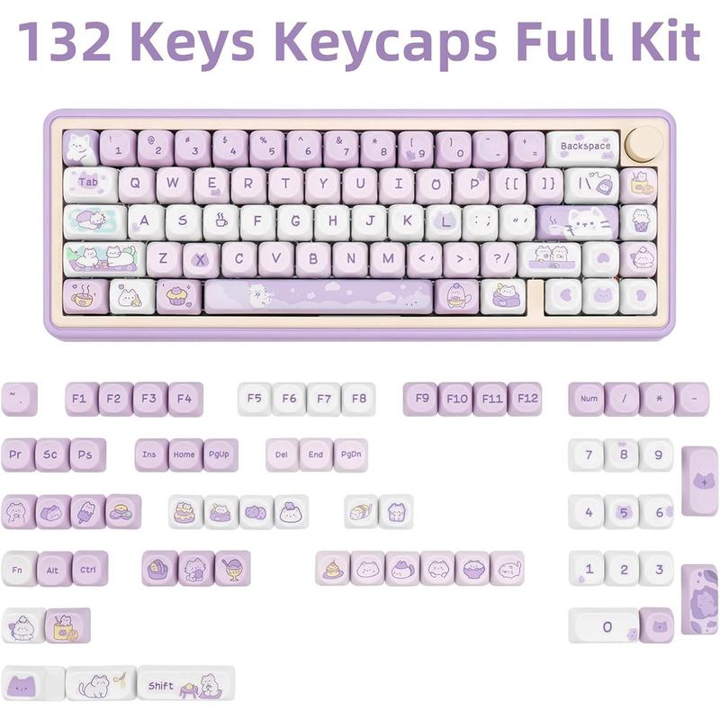 COOMICKEY PBT Keycaps MOA Profile 132 Keys Dye Sublimation Purple Cute Cat Customized Set for ANSI Cherry MX Switches Mechanical Keyboards with Keycap Puller