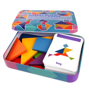 Wooden Tangram Shapes Puzzle Set in Tin Box - Colorful Geometric Shape Blocks with Pattern Cards, Educational Toy for Geometric Cognition, Creativity & Problem-Solving Skills, Fun Brain Teaser for Preschoolers' Learning & Play