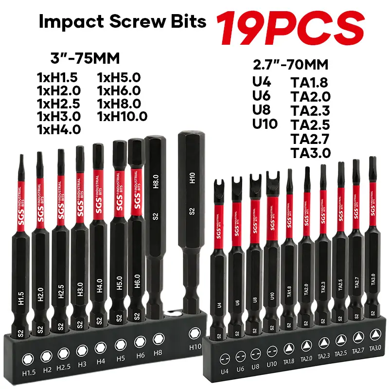 19 Pcs Industrial Premium S2 Steel 60-62 HRC Hardness Internal Hex/U-shaped/Triangular Screwdriver Bits Set, Impact And Wear-Resistant, Anti-Slip Magnetic Drill Head, 1/4" Shank With Black Base, For Woodworking, Home Repair, Offices And DIY Use