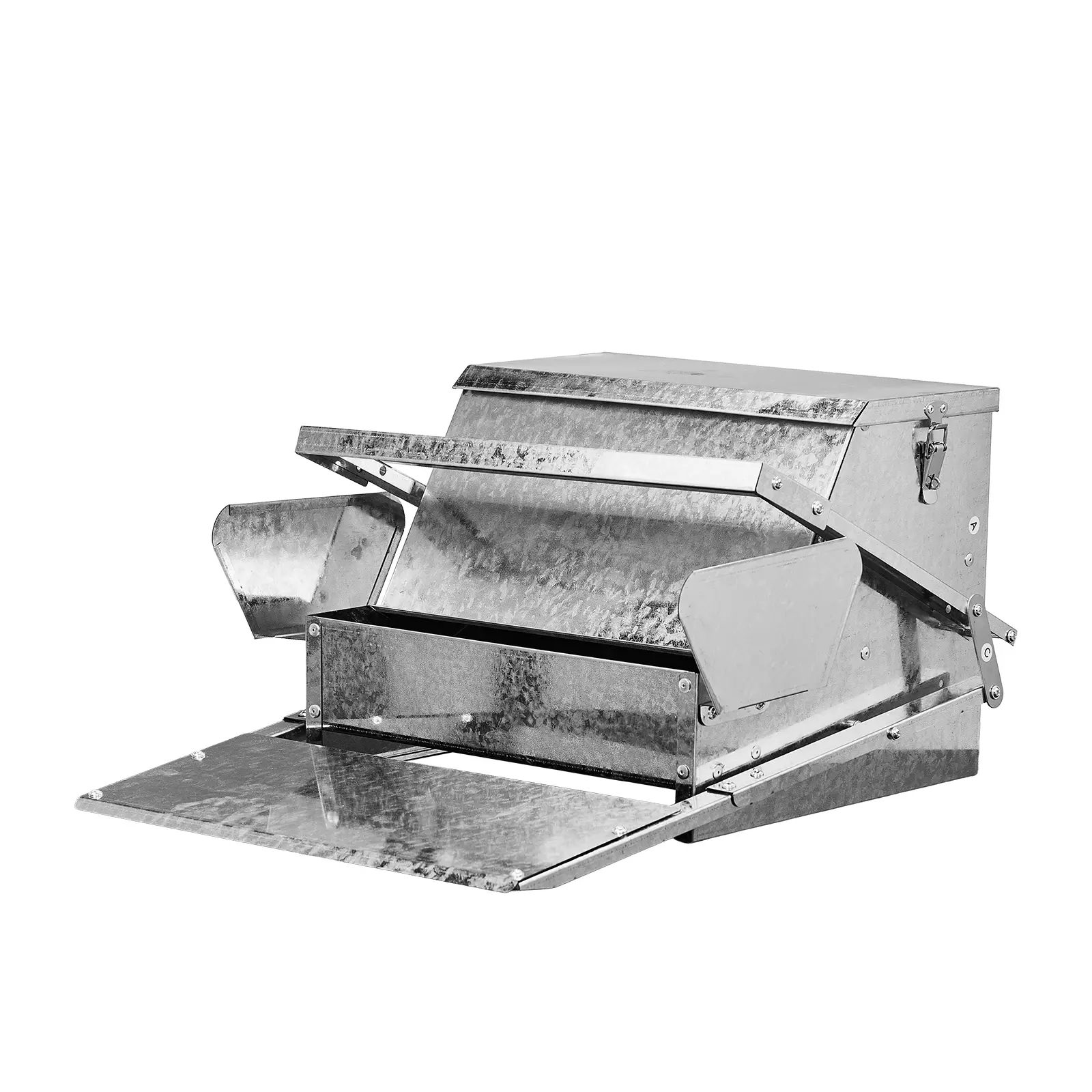 Galvanized Metallic Treadle Poultry Feeder with Secure Locking Lid, Side Plates, 12.6 lb High-Capacity Design, 55x43x28 cm (21.7x16.9x11.0 in), Weatherproof, Smart Pedal Operation, Outdoor Coop Food Dispenser for Chicken, Duck