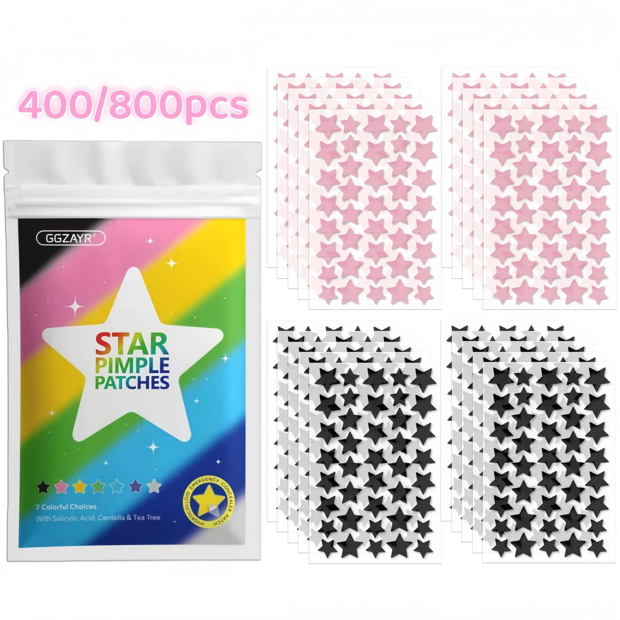 400/800pcs Pink & Black Star Pimple Patch Combo Set — Sweet & Bold Contrast Star Designs in Mixed Sizes, Decorative Spot Stickers for Creative Daily Looks, Easy Stick Unisex Use for All Skin Types, Star Patches