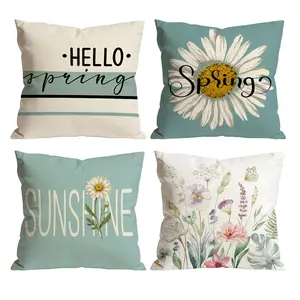Hello Spring Throw Pillow Covers Set of 4 | Watercolor Daisy Sunshine Wildflower Butterfly Teal Blue Farmhouse Cushion Covers For Sofa Couch Living Room Home Decor 0417YB