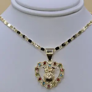 Owl Multicolor Zirconia Charm Heart Pendant 18-inch 2.5 mm Diamond-cut Chain Necklace Copper Gold Plated Not Water Resistant
