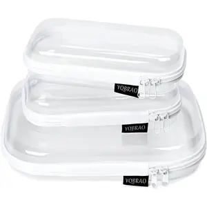 3 Pack Clear Hard Shell Zipper Case - Clear Waterproof Cosmetic Bag with Zipper, Kid's Toy Storage Organizer Bins, Charging Cables, creative journaling, painting brushes, Threads,Sketch Supplies