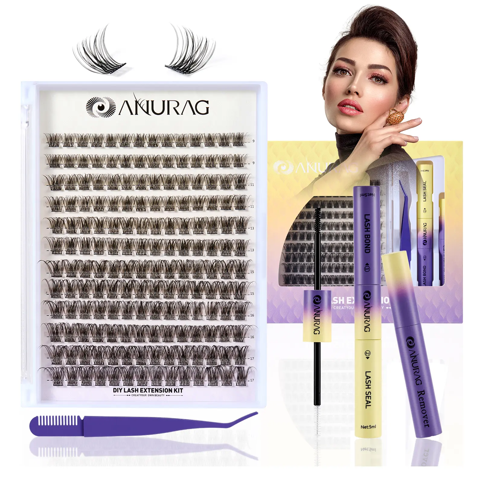 ANURAG DIY Lash Extension Boxed Kit - Eyelashes Extensions, B Curl, Realistic Long-Lasting Fibers, Adhesive, Sealer, Curler, Tweezers & Brush for Beginners, Lash Clusters at Home (False Eyelashes & Adhesives), Diy Lashes