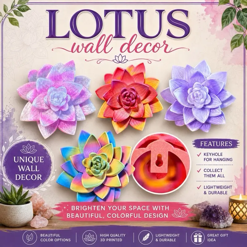 3D Printed Lotus Flower Wall Art - 1-Piece Unframed Wall Decor with Easy-Hang Keyhole, Living Room Room Decor, Ideal Mothers Day Gift, Unframed Pack