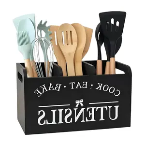 Utensil Holder, Wooden Cooking Utensil Organizer with 3 Compartments and Drainage Bottom for Countertop Decor, Utensil Crock for Silverware Spoon Spatula,White