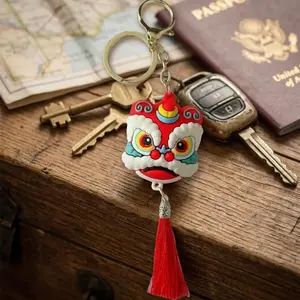 Lion Dance Keychain, Chinese New Year Car Accessory, Plush Mascot Keyring, Cute Shishi Ornament, Festival Gift for Auto Decor, Fluffy Hanging Pendant