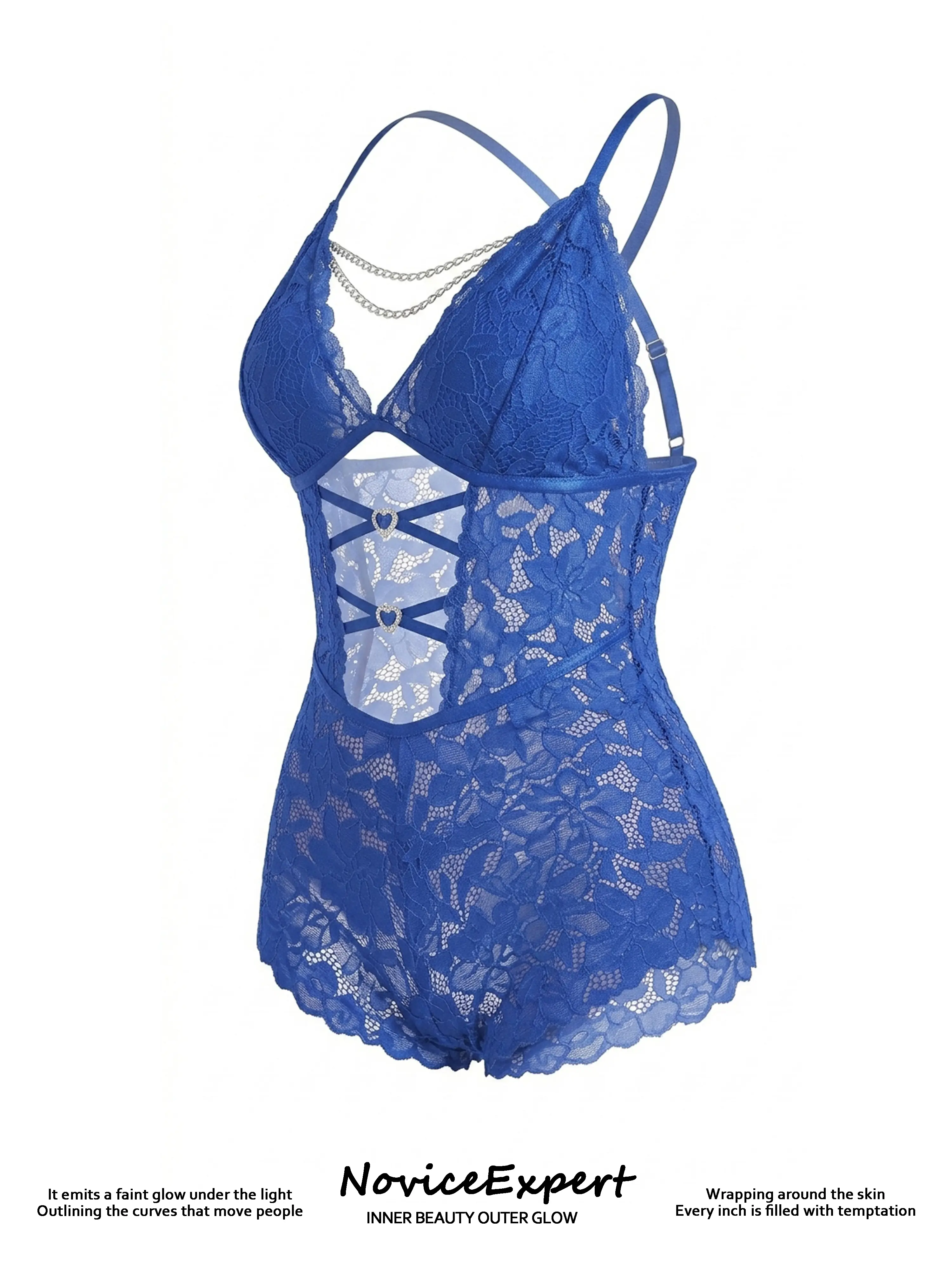 Women's Lace Hollow Out Romper, 1-Piece Lingerie Bodysuit with Chain Detail, Semi-Sheer Romantic Sleepwear