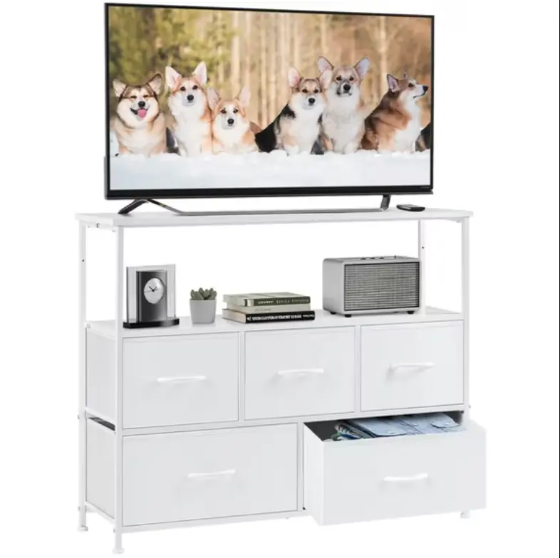 55 Inch TV Stand with 5 Drawer Storage Cabinet, Multi-Functional Dresser Organizer for Bedroom and Living Room, White