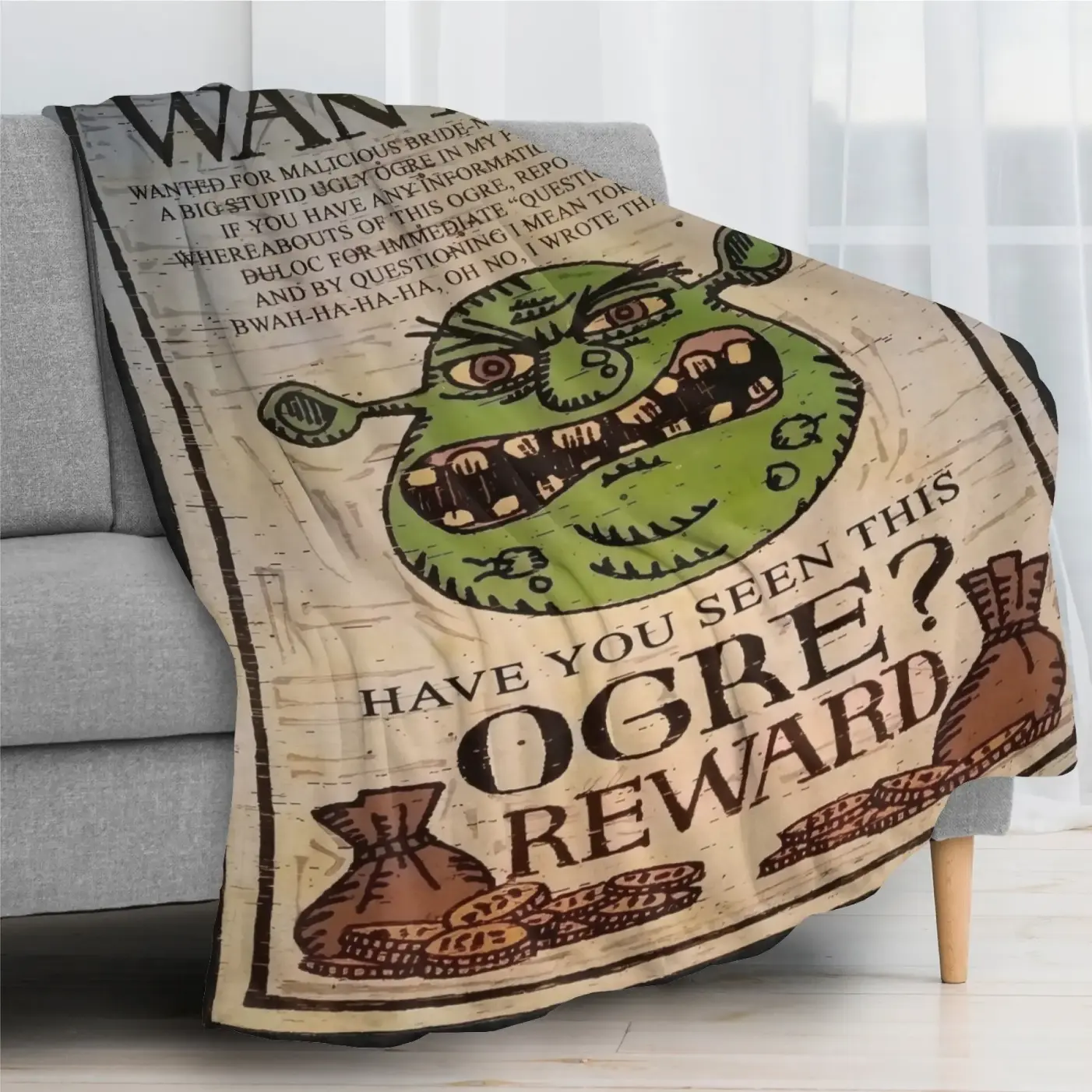 Shrek Ogre Wanted Poster Throw Blanket, Funny Cartoon Graphic Soft Cozy Plush Blankets and Bedding for Couch Sofa, Bed and Bedroom Decor, Lightweight Warm Gift for Kids, Teens, Adults and Movie Fans