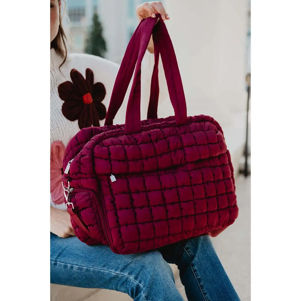 Wine Quilted Duffel Overnight Bag